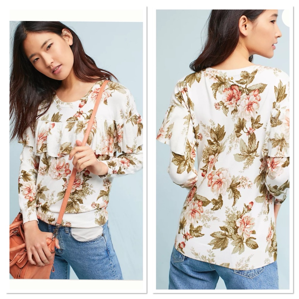 Anthropologie Harlyn Ruffled Floral long
Sleeve Sweater - Picture 1 of 7